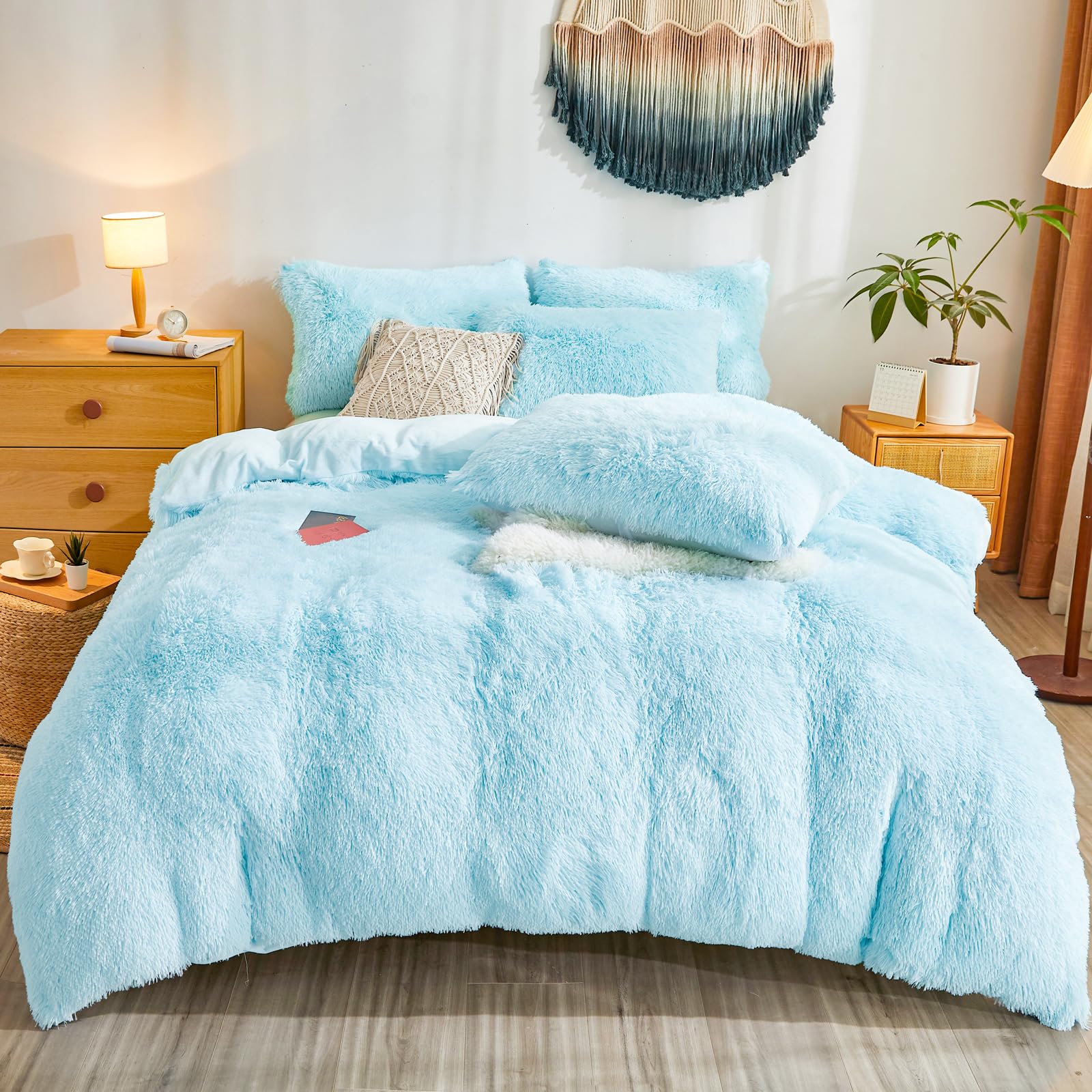 Shaggy Fluffy Light Blue Comforter Cover Queen Set – Faux Fur